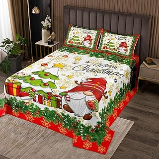 Merry Christmas Quilt Bedding Set Queen Size,Cartoon Gnome Cute Xmas Pine Bedspread Coverlet for Girls Teens,Golden Stars Snowflake Grid Soft Polyester Quilt Set, All Season