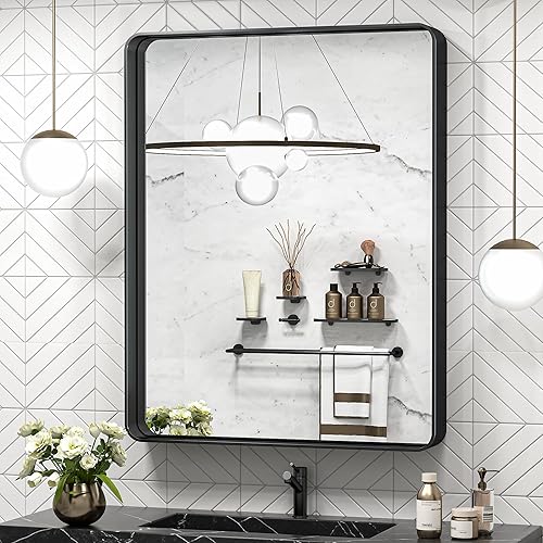TokeShimi 30 x 36 Inch Black Bathroom Mirror for Wall Vanity Mirror with Non-Rusting Aluminum Alloy Metal Frame Rounded Corner for Modern Farmhouse Home Decor (Horizontal/Vertical)