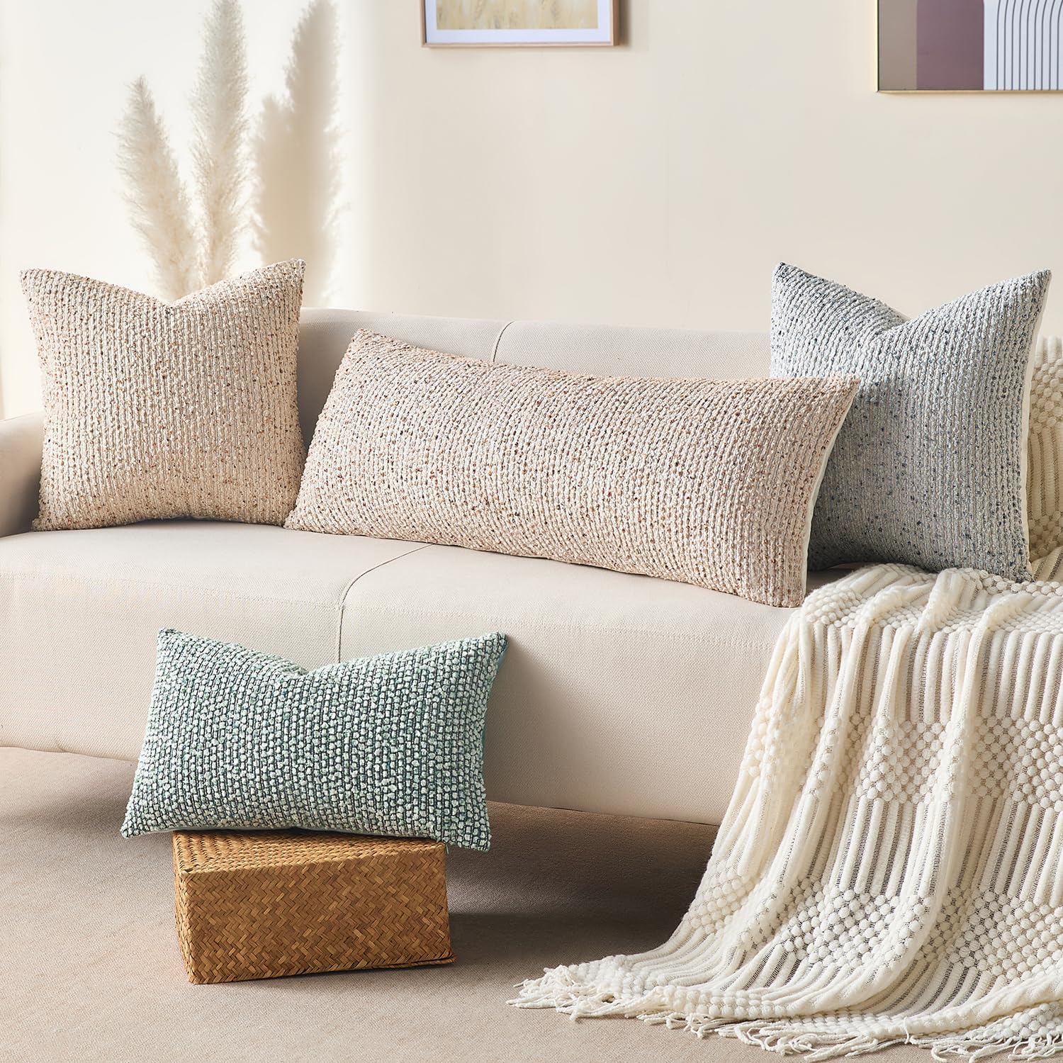 Decorative Couch Throw Pillow Covers 26x26 Beige Striped Soft Wool Pillow Covers Neutral Textured Boho Cushion Covers for Modern Farmhouse Sofa Bedroom Living Room Decor SY011-A26 - Image 5