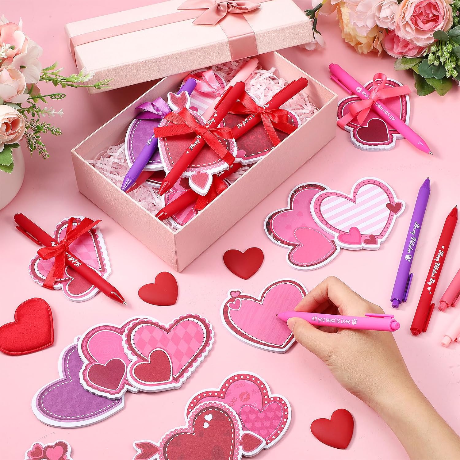 MotiMind 36 Pack Valentine's Day Sticky Notes Set with Pens Ribbons Self-Stick Heart Shaped Sticky Notes Colorful Inspirational Heart Memo Pad for Valentine's Day Exchange Gift Home Office Supplies