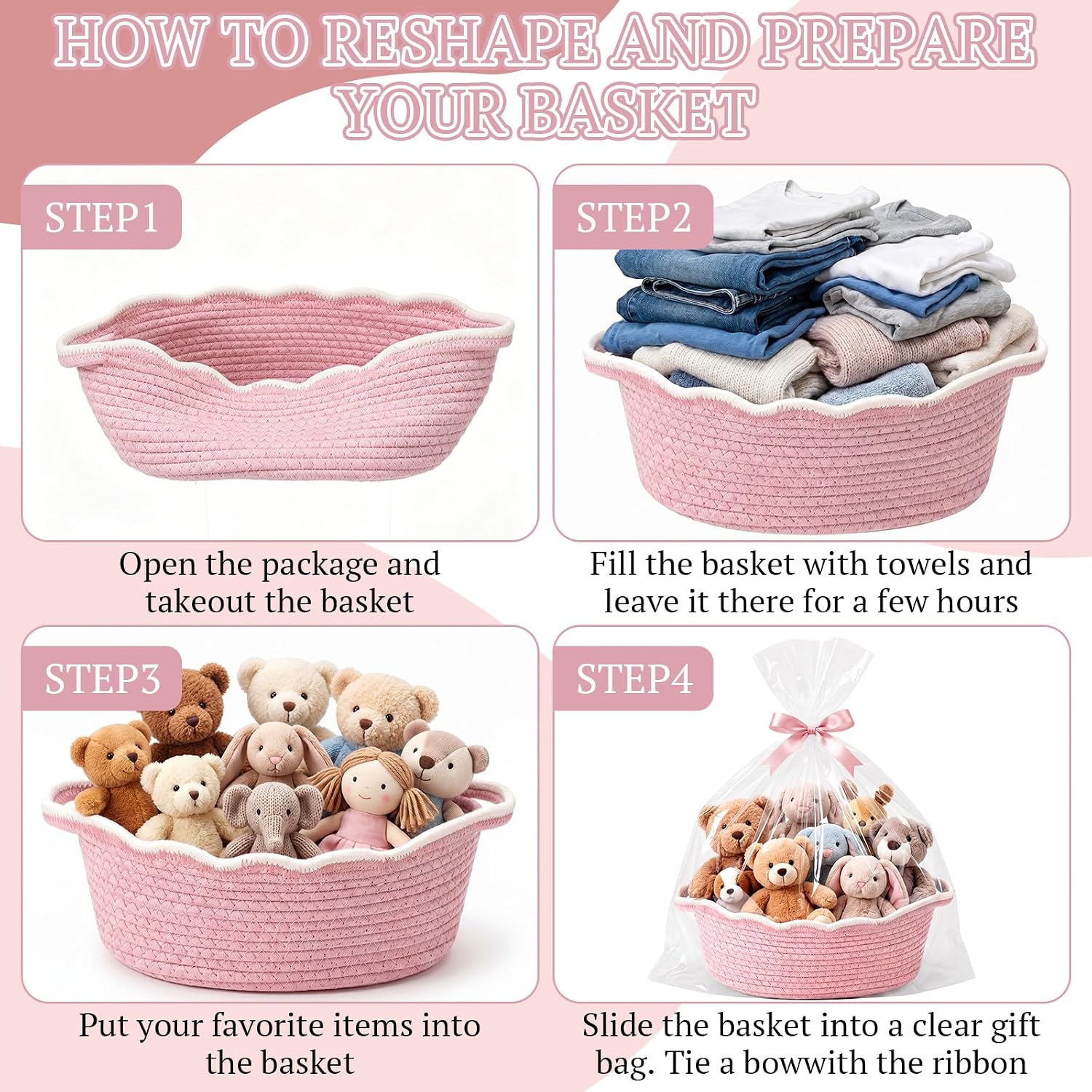 8 Pack Scalloped Small Woven Basket with Gift Bags and Ribbons 12"x 8"x 5" Cotton Rope Storage Organizer with Handles Cute Empty Gift Basket for Nursery Birthday Baby Shower, Pink