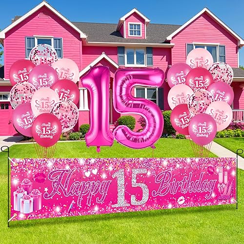 Vista 32 de Sweet 16 Pink Birthday Decorations - 20 Pcs Balloons, 40 Inch Number 16, Happy Sweet 16 Banner