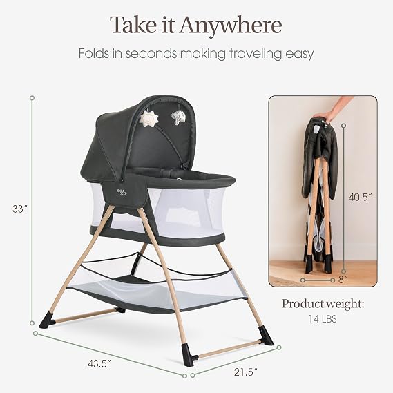 Evolur Cozy Dreamer Bassinet Portable Baby Bassinet with Canopy, High-Density Mesh Over & Comfort Toys, Foldable Lightweight Travel Bassinet for Newborn Black