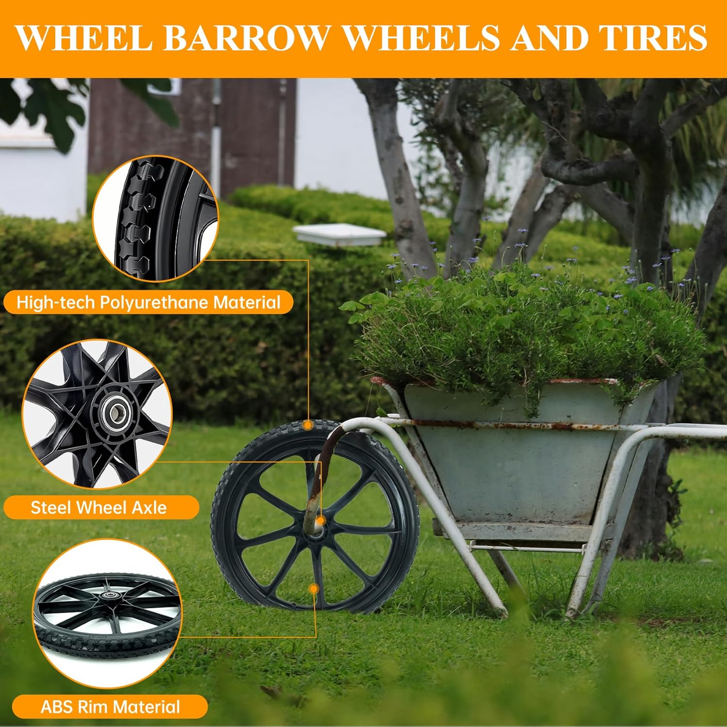20” Flat Free Wheelbarrow Wheels and Tires, with 2.45” Centered Hub, 5/8” Extra 3/4”Bearing, Compatible with Rubbermaid Wheelbarrow wheels, Garden Carts (2 pcs) (black)