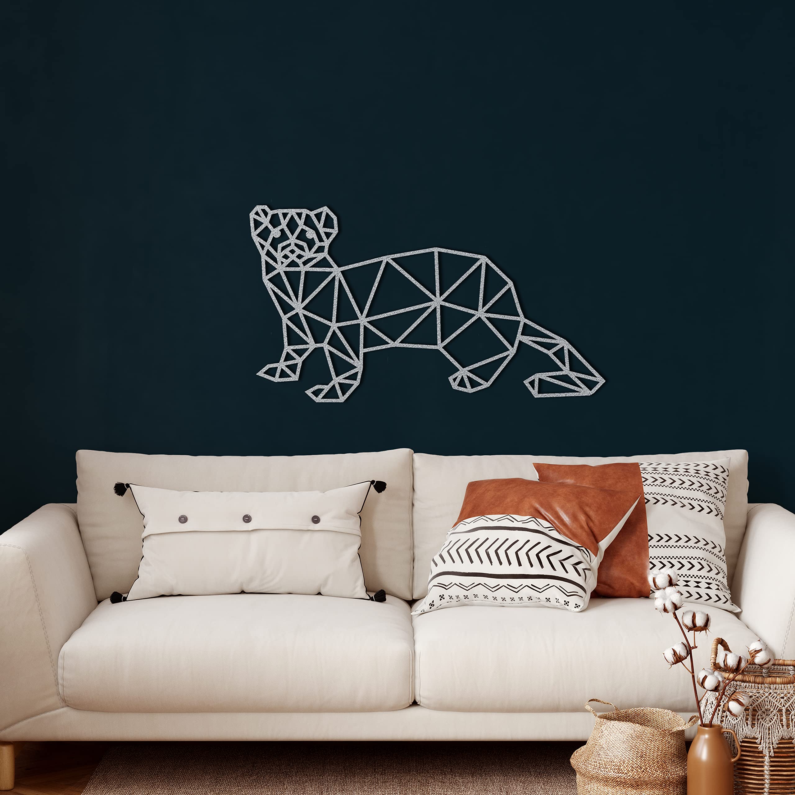 Decorazione da parete in metallo, furetto, decorazione per la casa, salotto, decorazione da parete, decorazione per interni, da appendere per interni ed esterni, argento (90 x 50 cm)