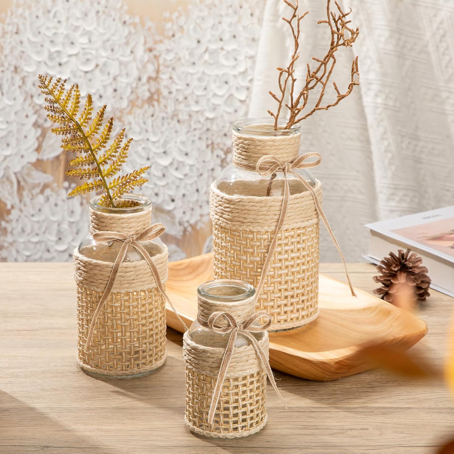 Hollyone 3Pcs Flower Vase Glass Vase with Cotton Rope Cover Woven Glass Vase Decorative Flower Bottle Modern Vase for Table Centerpiece Farmhouse Wedding Home Decor - Image 6