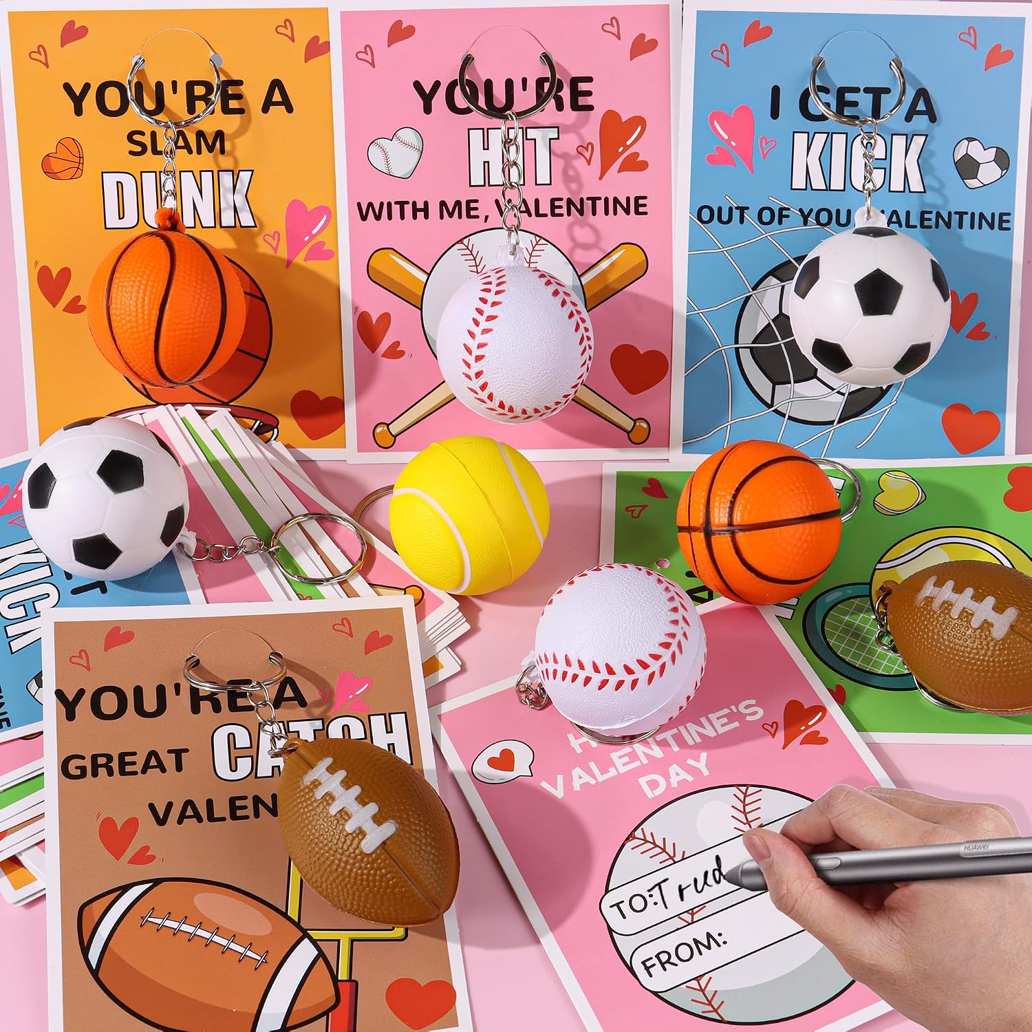 30 Pack Kids Valentines Day Cards with Sport Stress Ball Keychain Valentines Day Gifts for Kids School Valentines for Kid Classroom Gift Exchange Classroom Prizes Valentine Party Favors for Boys Girl