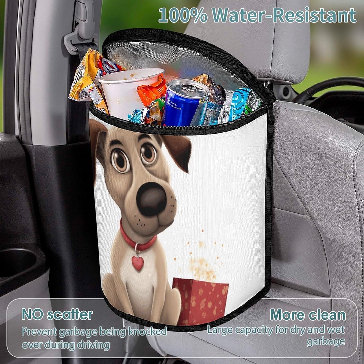 MUSM Leakproof Car Trash Can 2.5 Gallon, Durable Automotive Garbage Bag with Waterproof Liner, Dog Trash Bag for Car, Truck, RV & Bathroom