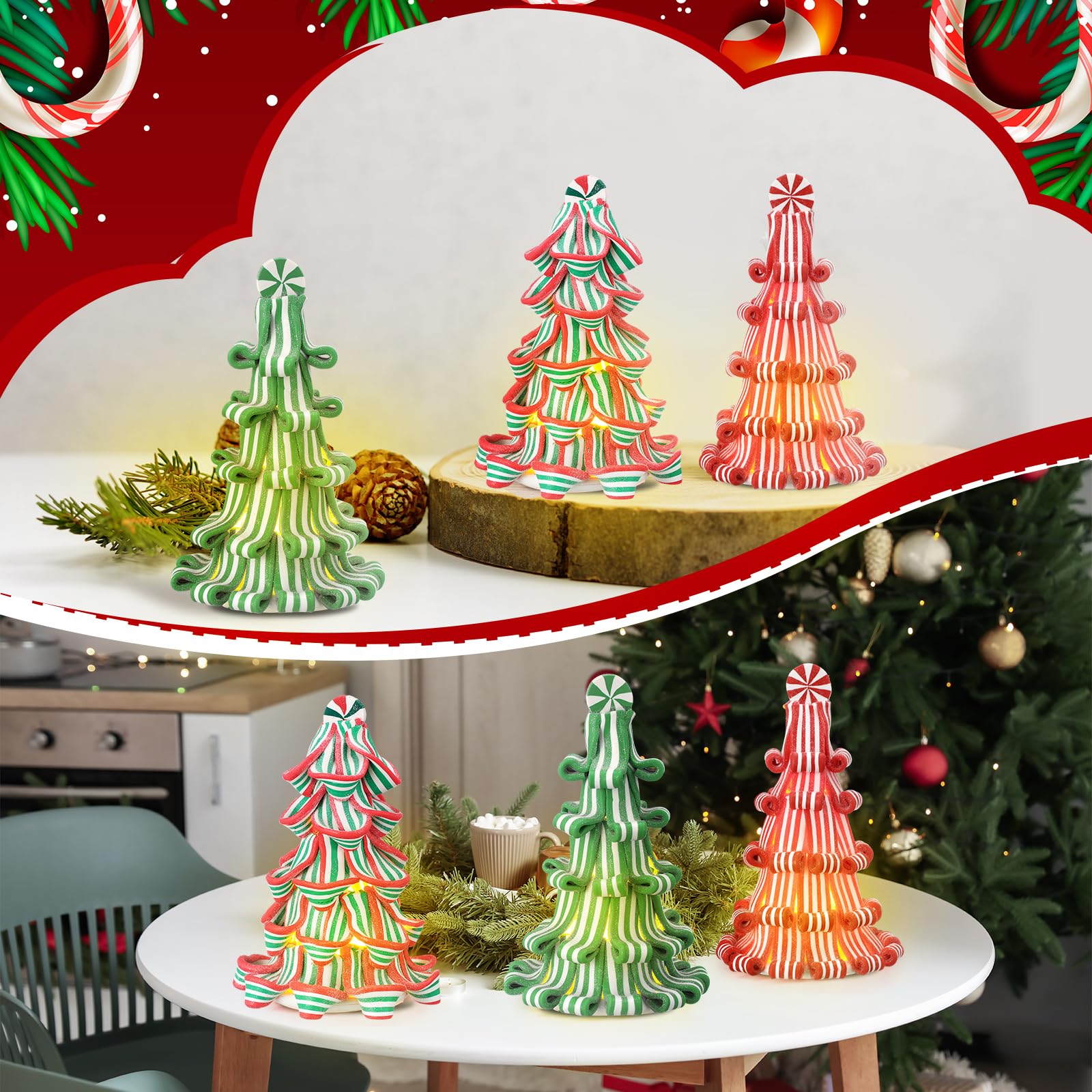 Suzile Lot de 3 rubans de Noël pour décoration de table de 17,8 cm - Mini sapin lumineux en résine argile menthe poivrée pour décoration de table de Noël (rouge, vert, rose, blanc)