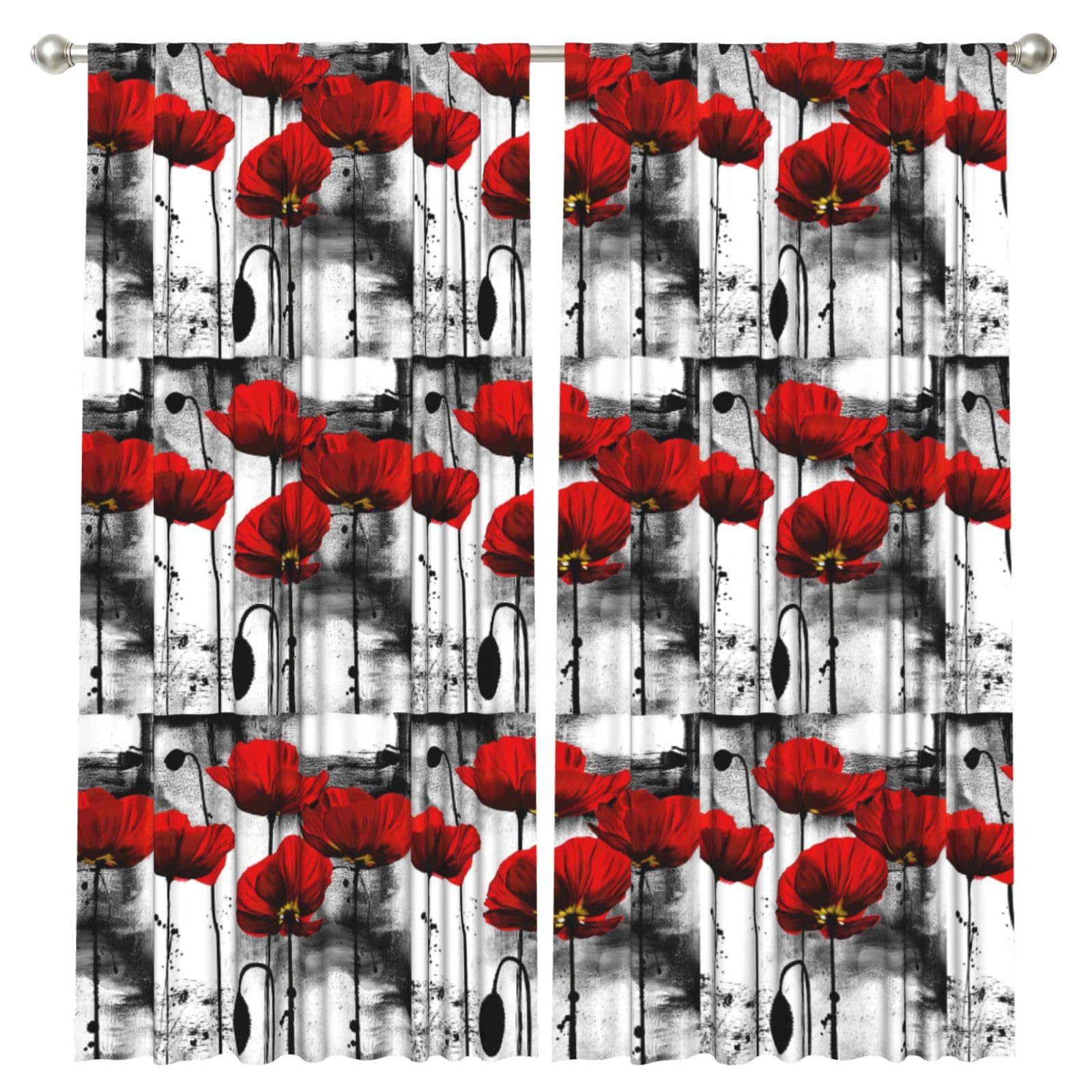 InOmak Beautiful Poppy Flower Ink Printing, 2 Panels Window Curtains 52 x 84 Inch Blackout Curtains for Living Room Bedroom