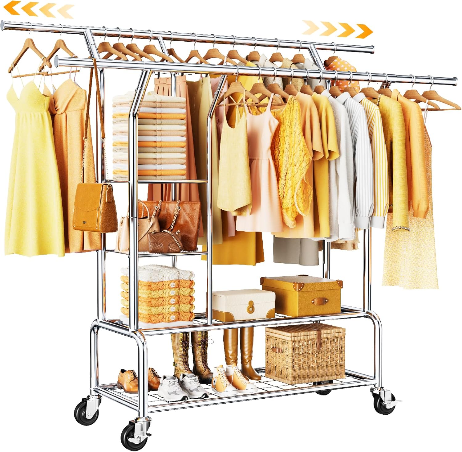 Clothes Rack With Storage Shelf, Heavy Duty Rolling Clothing Rack for Hanging Clothes, Double Rod Metal Garment Rack Load 630 LBS, Portable Wardrobe Racks with Wheels for Bedroom, Laundry Room