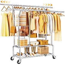 Heavy Duty Clothes Rack with Wheels for Hanging Clothing | 4-Tier Shelves, Extendable Rod, Stainless Steel, Rolling Clothing Rack, Garment Rack Load Over 630 LBS, Space-Saving