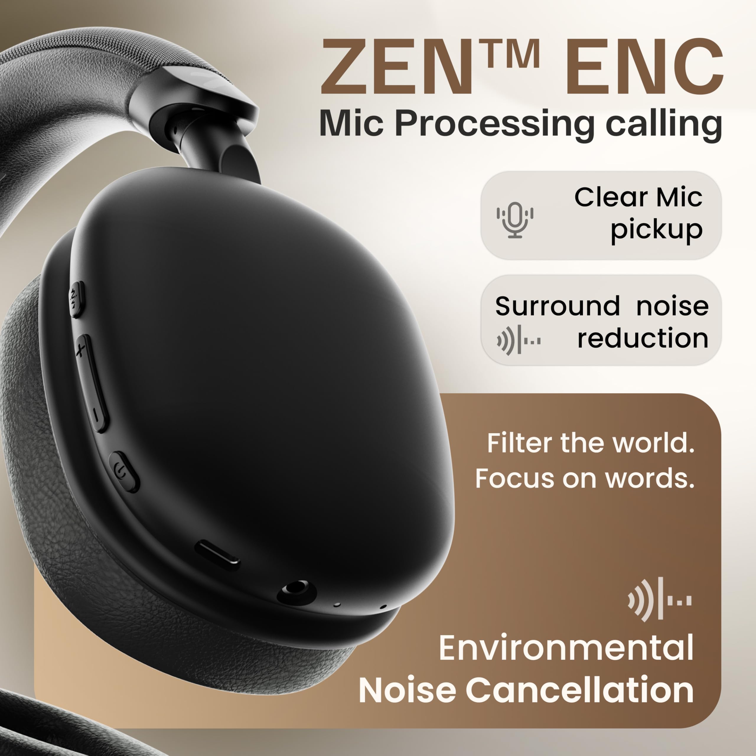 GOBOULT Fluid X Headphones Bluetooth Wireless with 60H Playtime, 40mm Drivers, Zen ENC Mic, Type-C Charging, Combat™ Gaming, BTv 5.4, Headphones Wireless with mic (Jet Black) — Amazon image 4