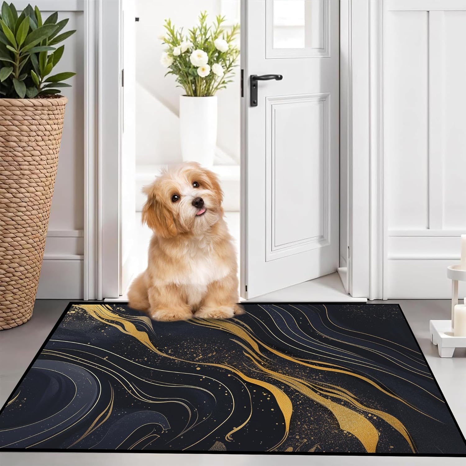 Marble Striped Rug 2'x3' for Kitchen Bathroom Entryway Modern Black Gold Marbled Area Rugs Marbling Floor Mat Washable Gold Black Throw Rug Carpet Game Room Decor, Black Gold Rugs