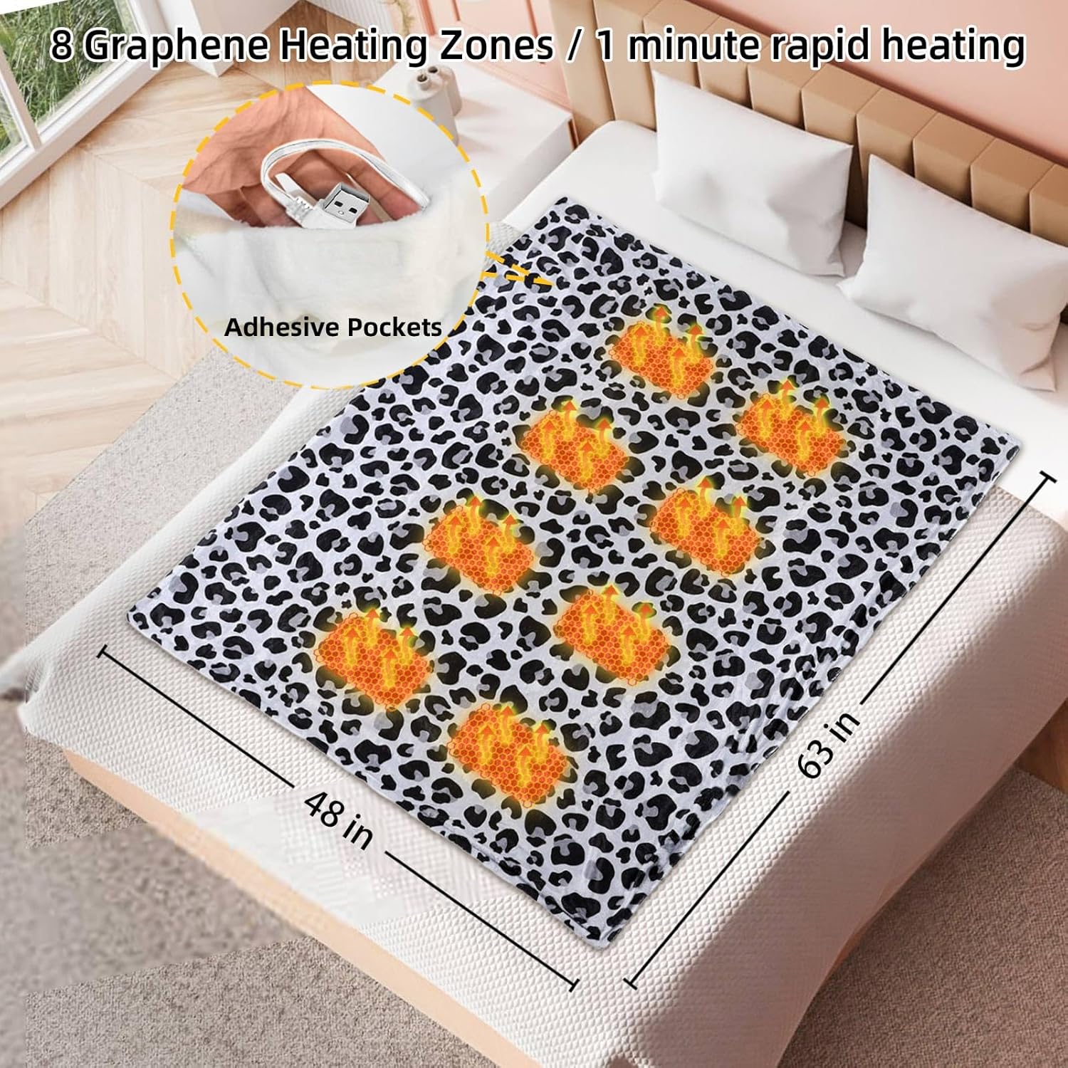 USB Powered Heated Throw Blanket for Women, 50" X 60" 9V 18W Portable Spot Grid Electric Heating Blanket with 3 Heat Settings,8-Zone Graphene Heating Blankets for Couch Car Office Outdoor