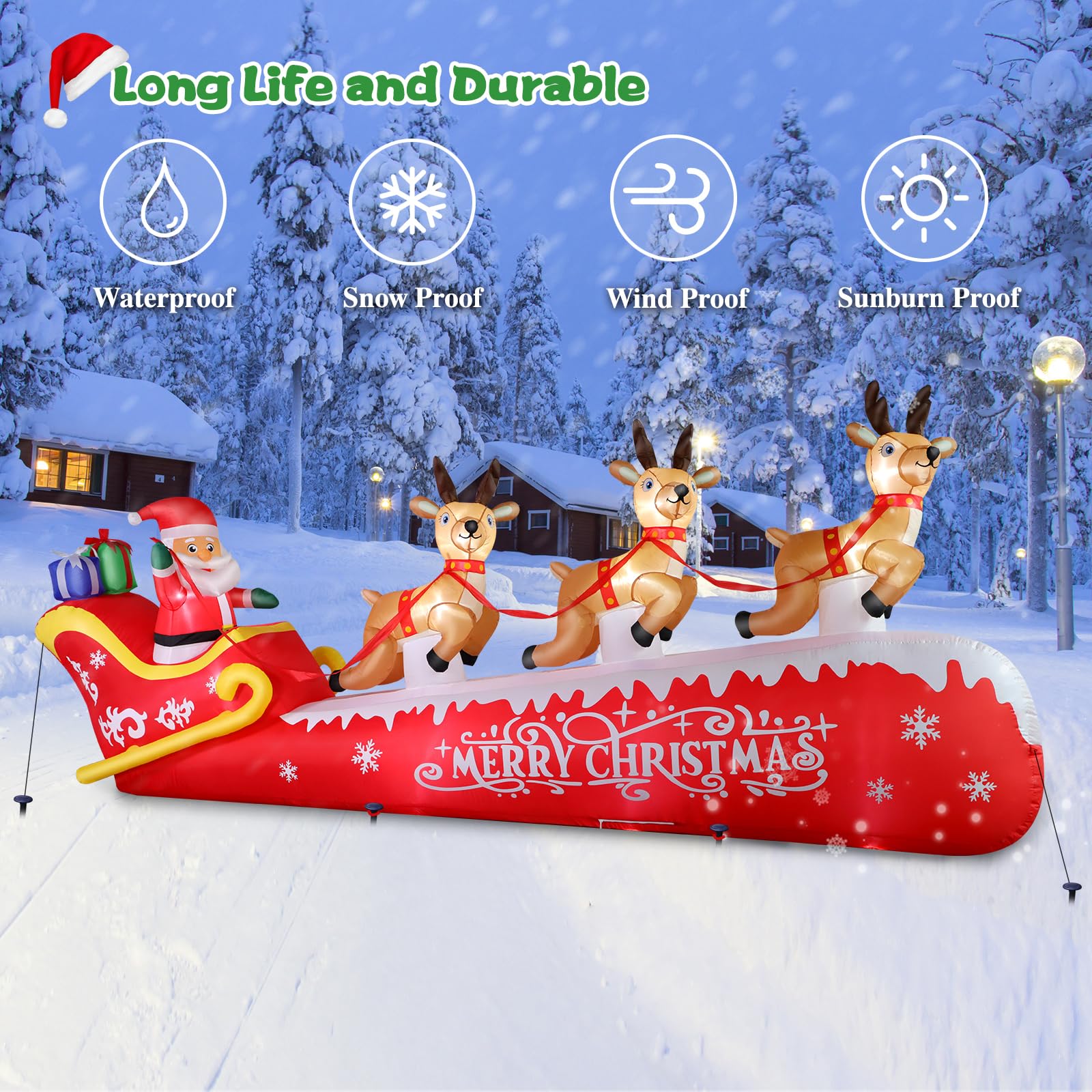Décoration de Noël Gonflable de 360 cm/12 Pieds, Trois Rennes tirant Le traîneau du Père Noël, étanche IP44, gonflage Rapide en 1 Minute, Convient pour Les Jardins/Places publiques, etc