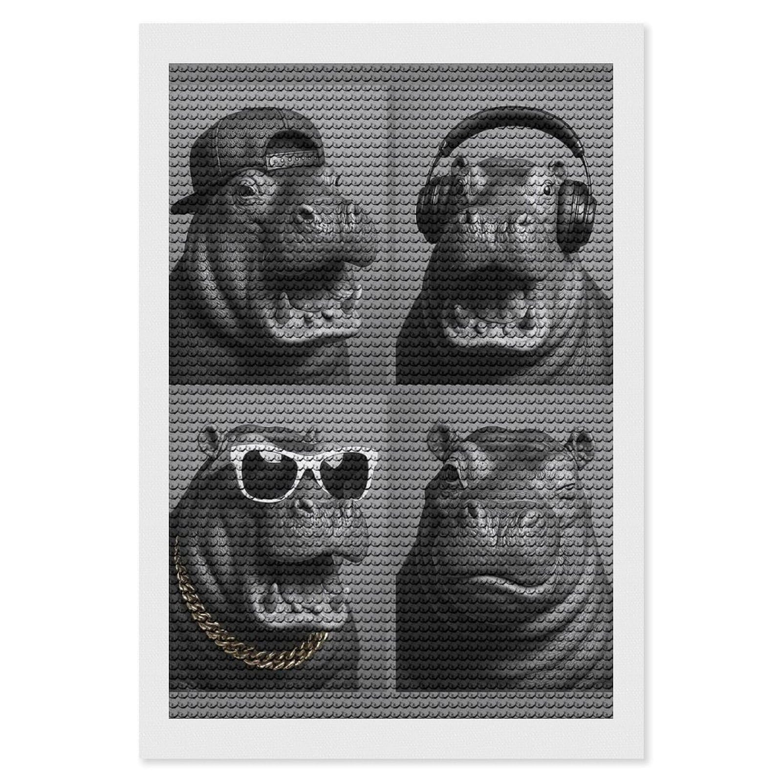 Junmoney Hip Hippos in Monochrome Diamond Painting Set 8"x12", Holiday Gift Idea, for Creative Relaxation, Fun Craft Experience, Vintage Style Decor