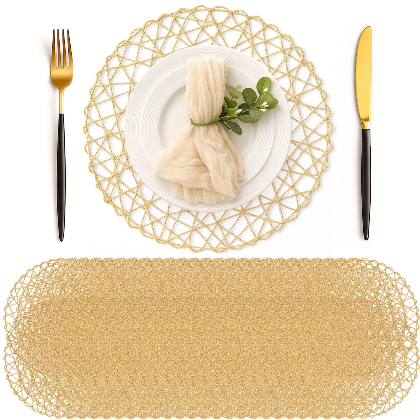 Photo 1 of Geosar Round Woven Placemats Bulk Rustic Paper Braided Placemats Boho Natural Non slip Heat Resistant Table Mats for Wedding Party, Dinner Table Centerpiece Decoration, 13 Inch (White Beige,24 Pcs)