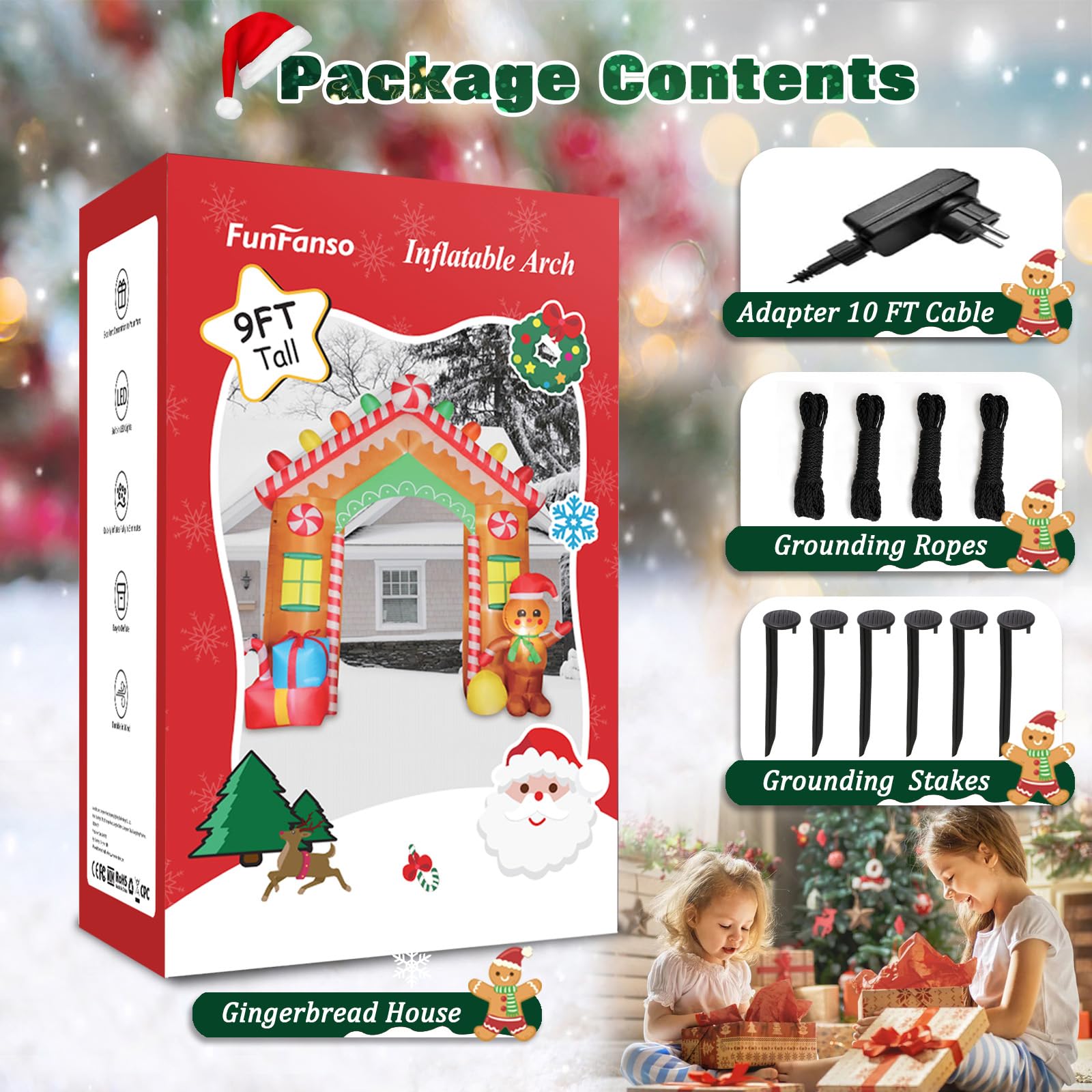 9FT Arco de Navidad Inflable, Decoración Navideñas Inflables Hombre de Jengibre, 270CM Navideña Decoración con Luces LED, Iluminación Navideña Exteriores, Porche, Hogar, Patio, Césped, Jardín, Fiestas