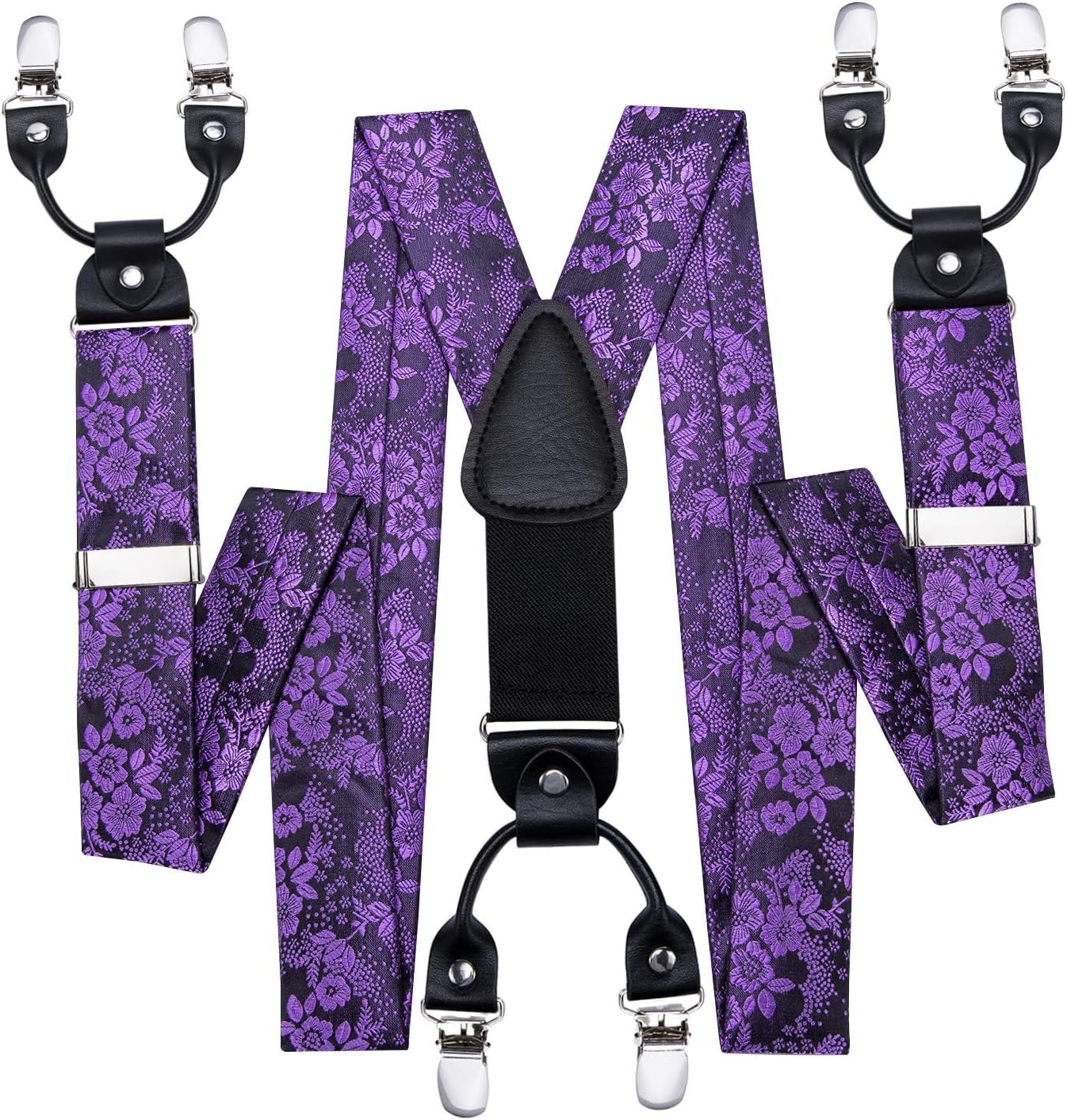 Hi-Tie Men's Suspenders and Tie Set Silk Adjustable Elastic Y Braces with Strong 6 Clips Pocket Square Set - Image 3