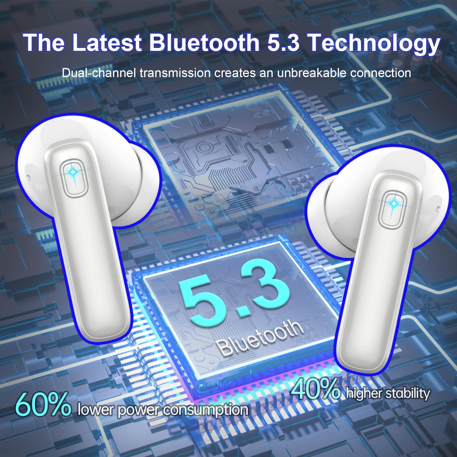 Cuffie Bluetooth, Auricolari Bluetooth 5.3 Stereo HiFi con 4 ENC Mic Cancellazione Rumore, Cuffie Wireless In Ear 40H Cuffiette Bluetooth Sport LED USB-C Touch Control Earbuds per Android iOS Grigio