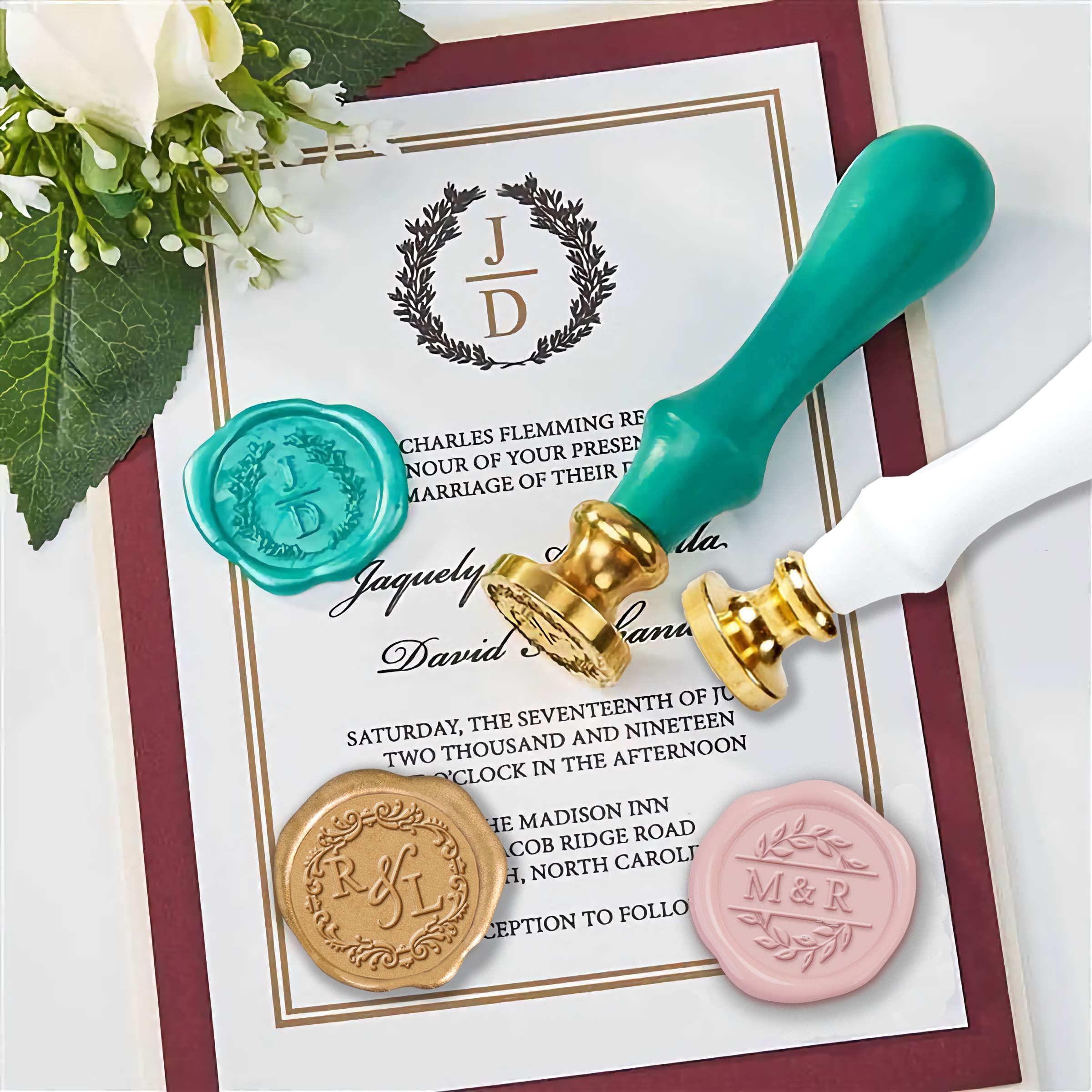 Wedding Custom Monogram Wax Seal Stamp with Couple's Initials for Wedding Invitations-Multiple Design Options-USA Handcrafted