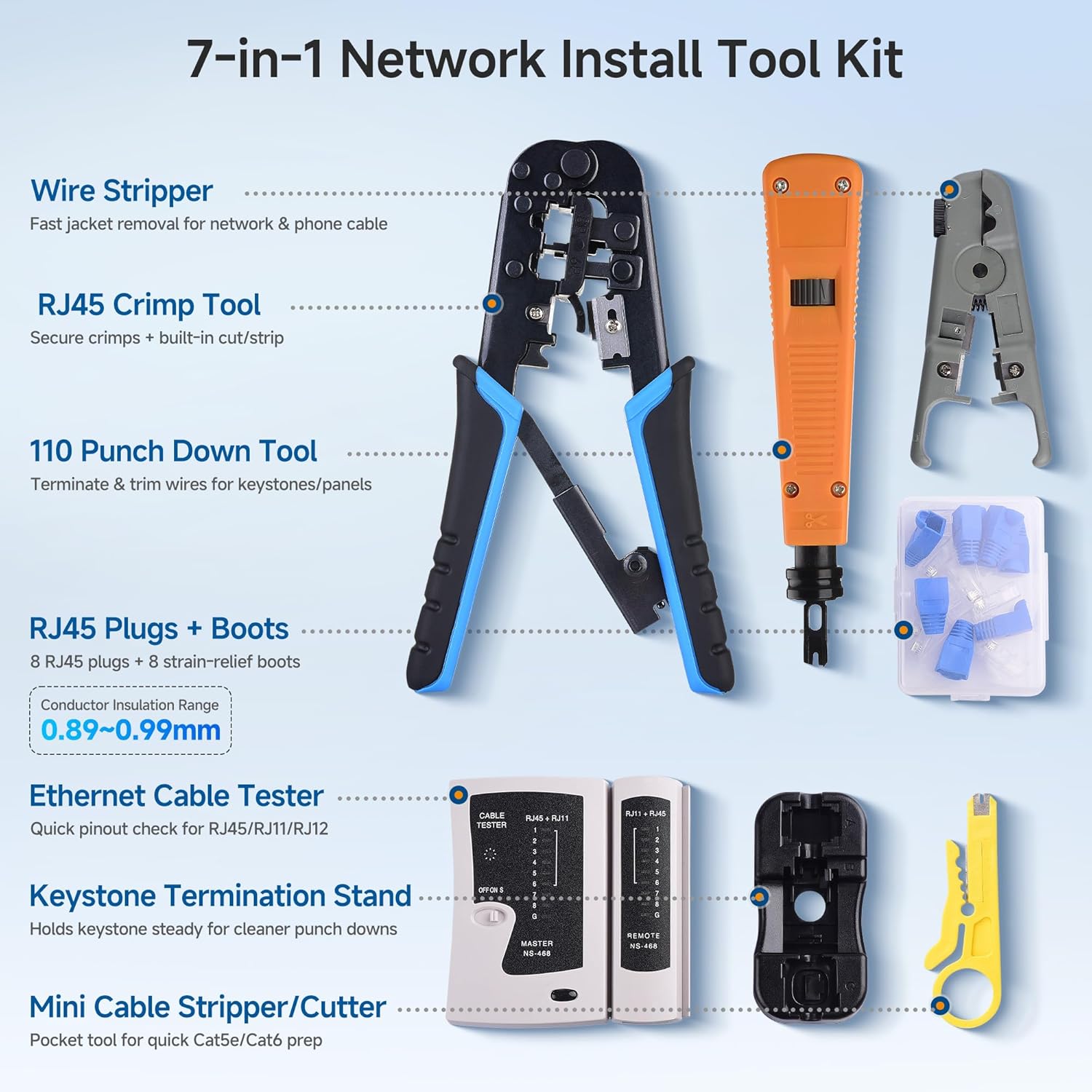 Cable Matters 7-in-1 Network Tool Kit with RJ45 Ethernet Crimping Tool, Punch Down Device, Punch Down Stand, Cable Tester, RJ45 Connectors & Boots, and Wire Strippers - Carrying Case Included