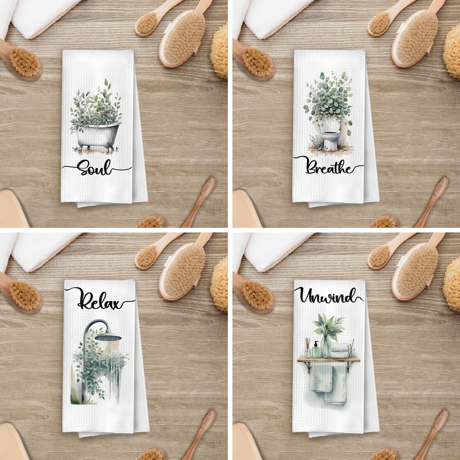 Sage Green Eucalyptus Bathroom Hand Towels Set, Eucalyptus Bathroom Decor, Soak Relax Breath Unwind Botanical Decorative Waffle Hand Towels, 16x24 Inches Set of 4 - Image 2