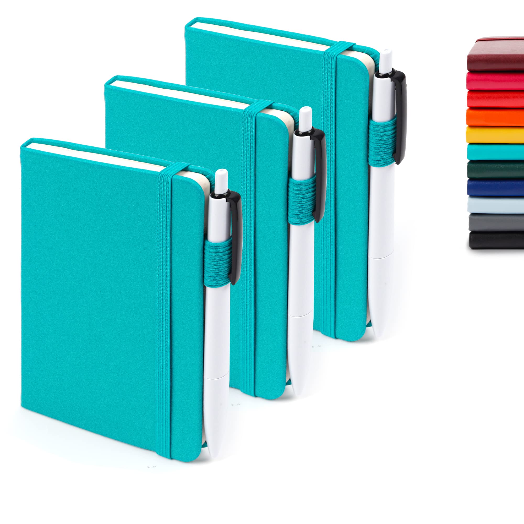 feela 3 Pack Pocket Notebook Journals with 3 Black Pens, A6 Mini Cute Small Journal Notebook Bulk Hardcover College Ruled Notepad with Pen Holder for Office School Supplies, 3.5”x 5.5”, Emerald