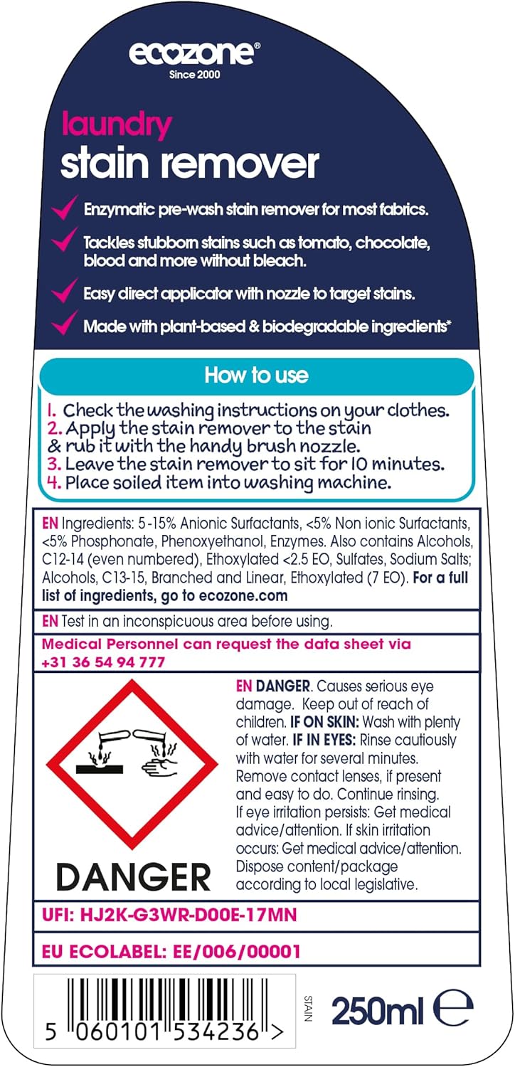 Ecozone Laundry Stain Remover, Pre Washing Liquid for Colours & White Laundry, Multi Purpose Cleaner & Fabric Stain Remover for Clothes, Vegan Laundry Detergent, Eco Cleaning Products (250ml)