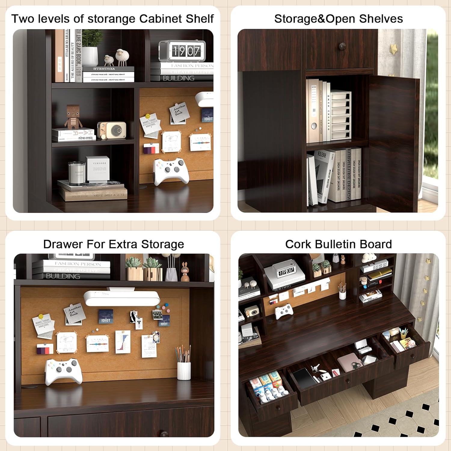 Brown Wooden Kids Study Desk and Chair Set, Childrens Desk with Light, 3 Drawers, 4 Storage Cabinets and 4 Storage Open Shelves, Boys & Girls Study Desk for Bedroom and Kidsroom