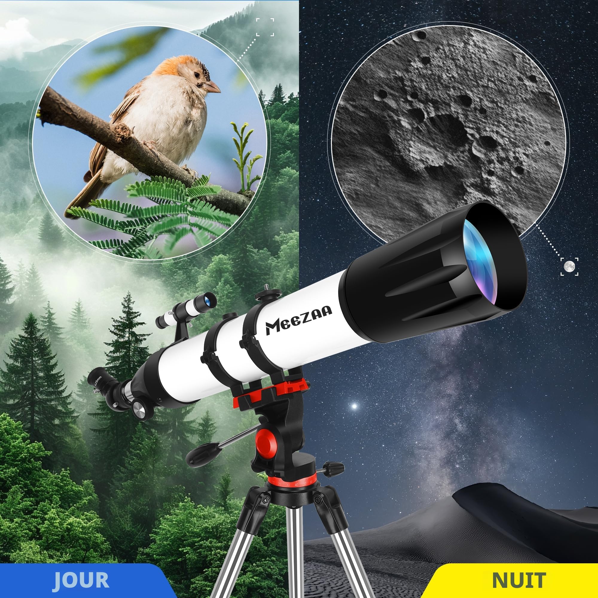 MEEZAA Télescope, Télescope Astronomique Adultes Professionnel, 90 mm Ouverture 800mm Portable et Puissante 32x-240x Télescopes Réfracteur pour Enfants et Débutants pour Observer la Lune et Planètes
