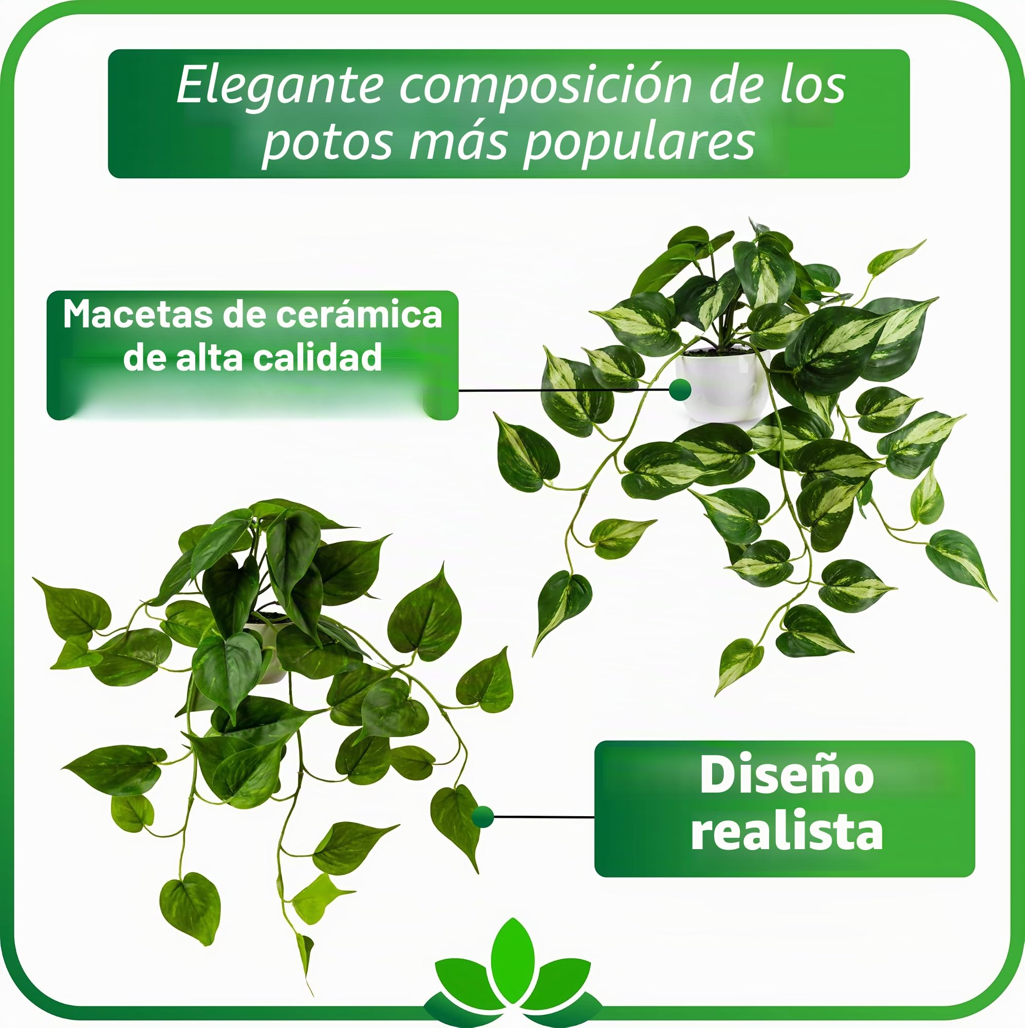 PASCH® Juego de 2 hiedras artificiales (33 cm) en macetas de cerámica blancas: plantas artificiales como auténticas, hiedra artificial en maceta, planta artificial colgante (feutute)