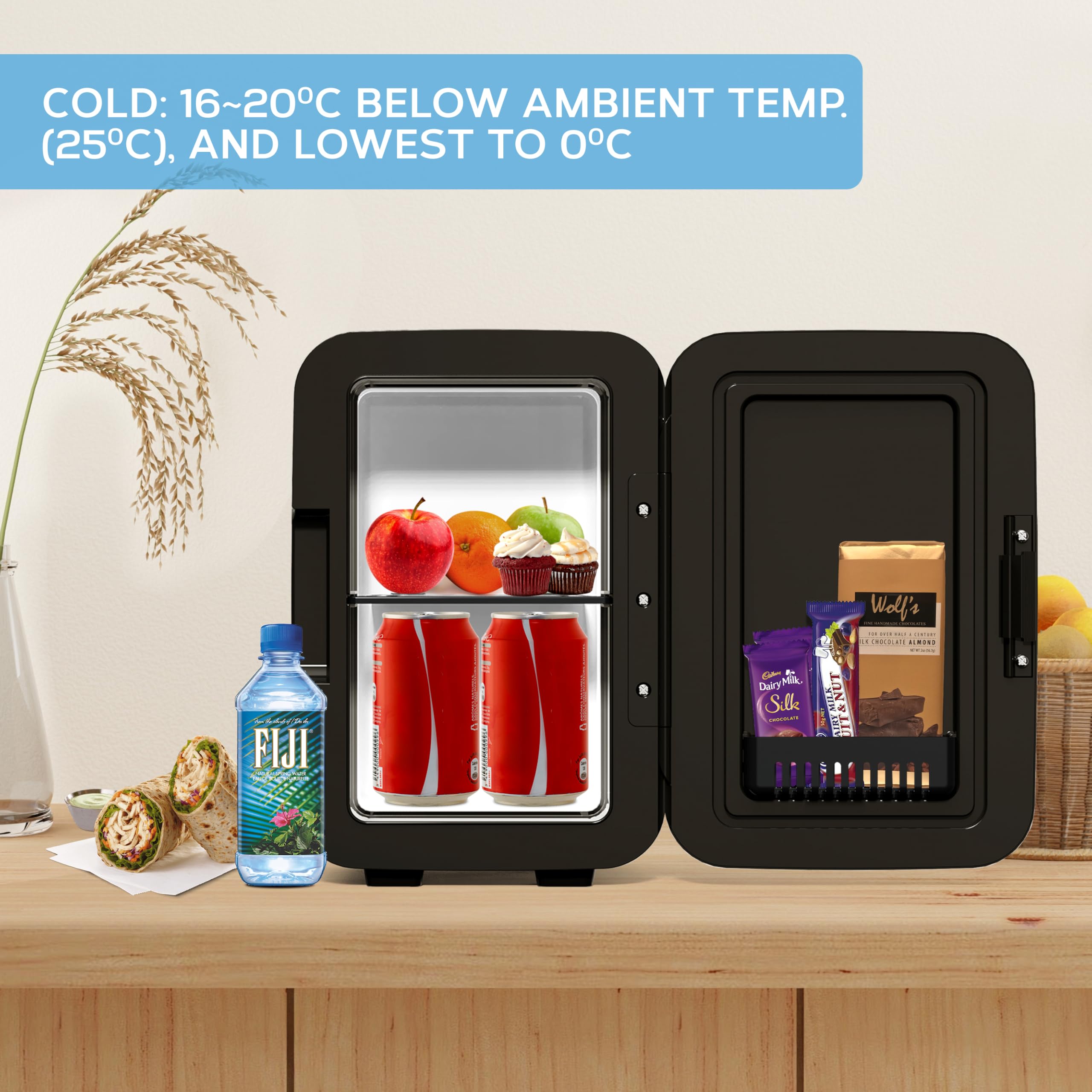 MONCOOK Mini Frigorifero - Piccolo, Portatile E Silenzioso - Minifrigo Con Porta In Vetro Per Cosmetici, Cibo E Bevande - Raffredda E Riscalda - Perfetto Per Casa, Ufficio O I Viaggi - 6L - Nero