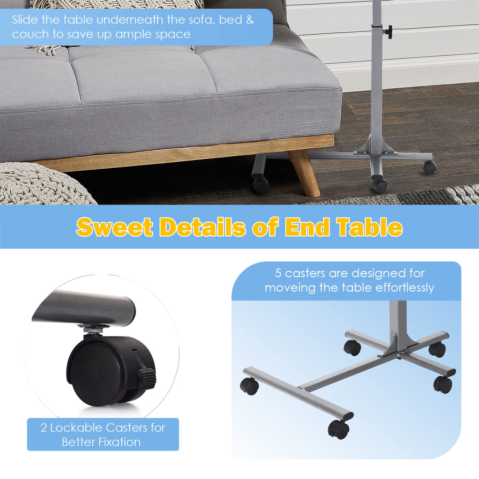 LIFEZEAL Mesa para Ordenador portátil de Altura Regulable, Mesa para Cama inclinable en Forma C con Ruedas, Mesa Auxiliar para Cama Hospital