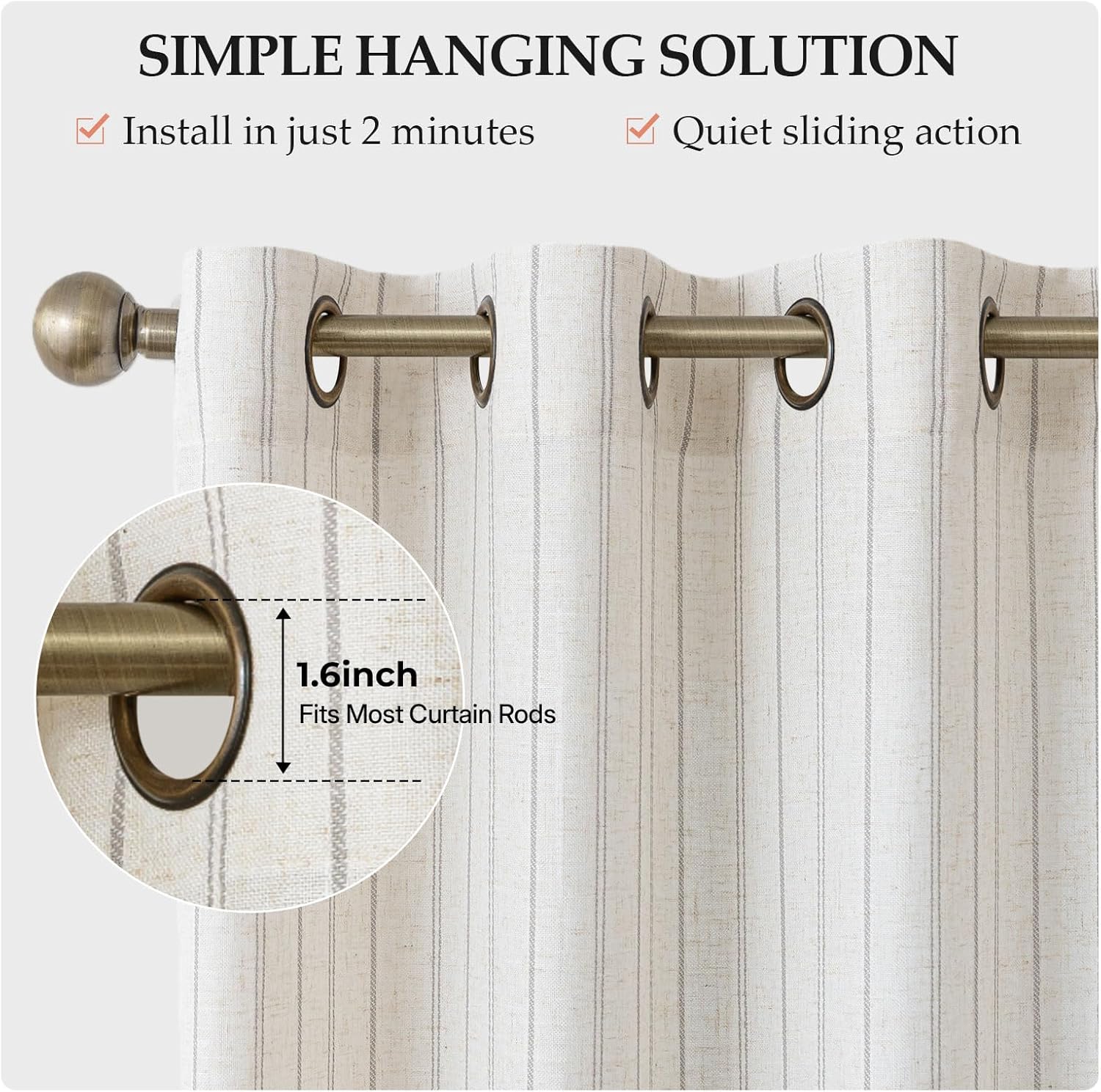 Grey Striped Linen Curtains, 96 Inches Long for Living Room and Bedroom, Semi Sheer Light Filtering Drapes with Grommet Top,Farmhouse Rustic Window Treatment,2 Panels,52" W x 96" L