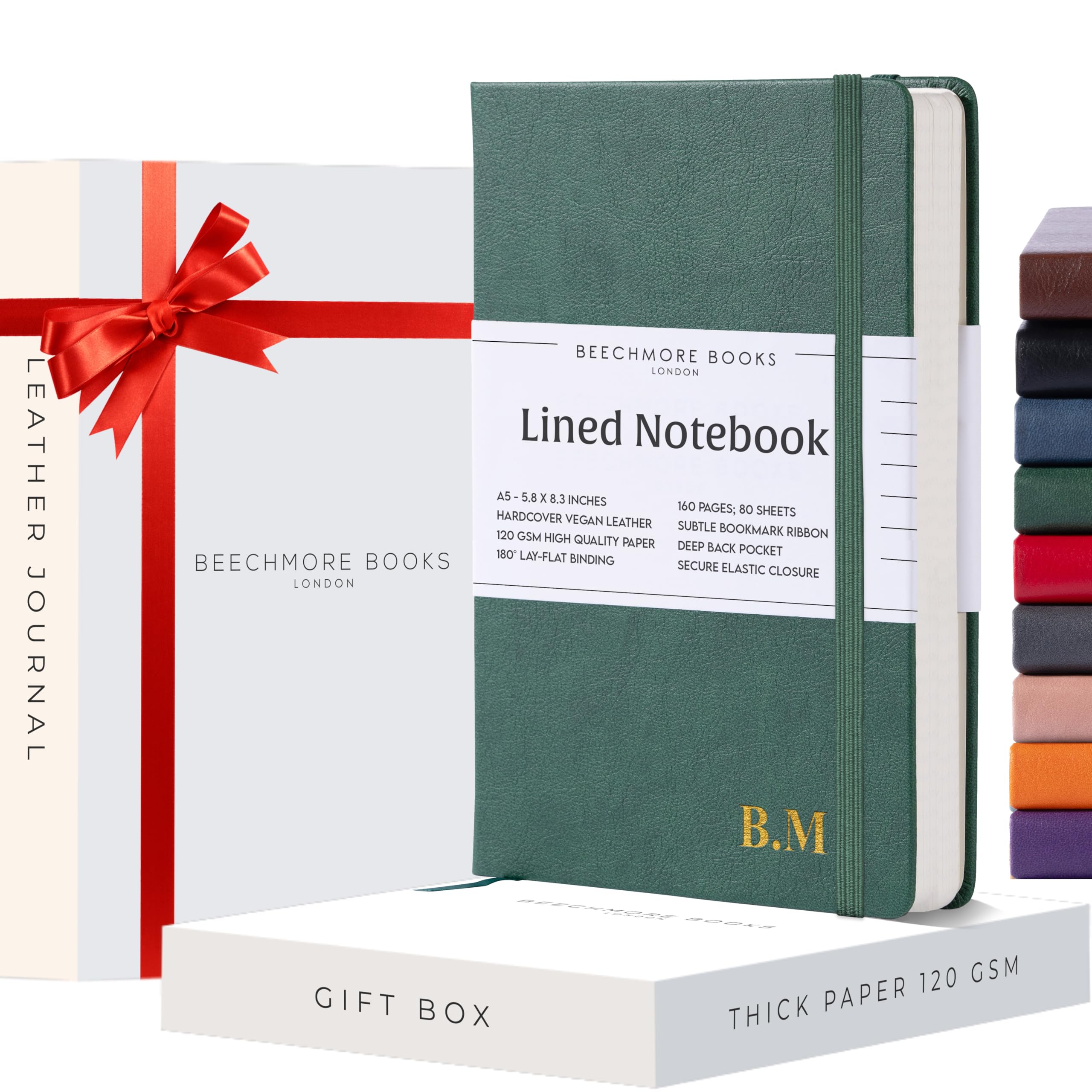 Beechmore Books Ruled Journal Notebook - A5 Green 160 Lined Pages 8.3 x 5.8 inch | Monogram Leather Daily Journals For Writing - Thick 120gsm Cream Paper | Gifts for Men, Women — image 1
