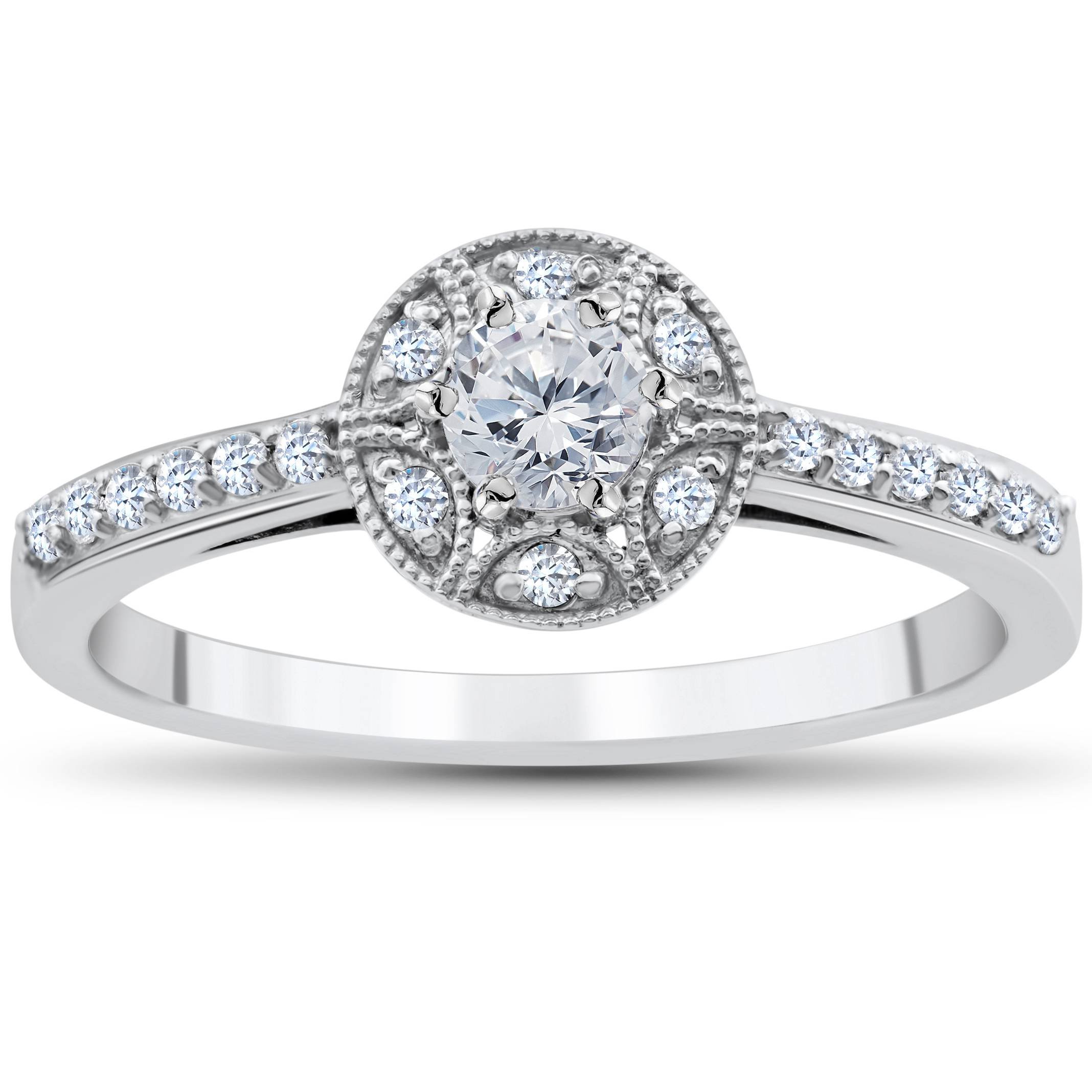 1/2CT Vintae Diamond Halo Engagement Ring 10K White Gold