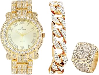 Charles Raymond Bling-ed Out Round Luxury Mens Watch w/Bling-ed Out Cuban Bracelet and Iced King Ring Set - L0504 BR 3pc Set