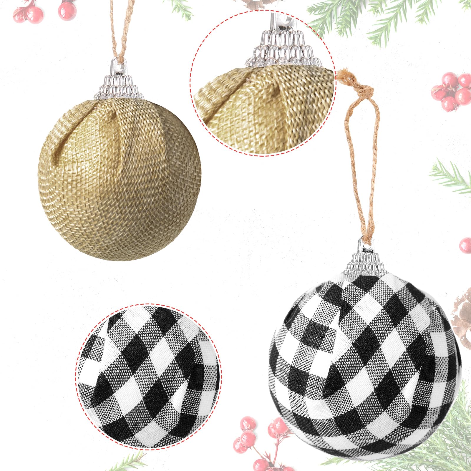 Sratte Lot de 20 décorations de sapin de Noël rustiques à suspendre en toile de jute de 7,9 à 15,2 cm, boules à carreaux rouge/blanc et noir pour décoration de Noël rustique (blanc, noir)