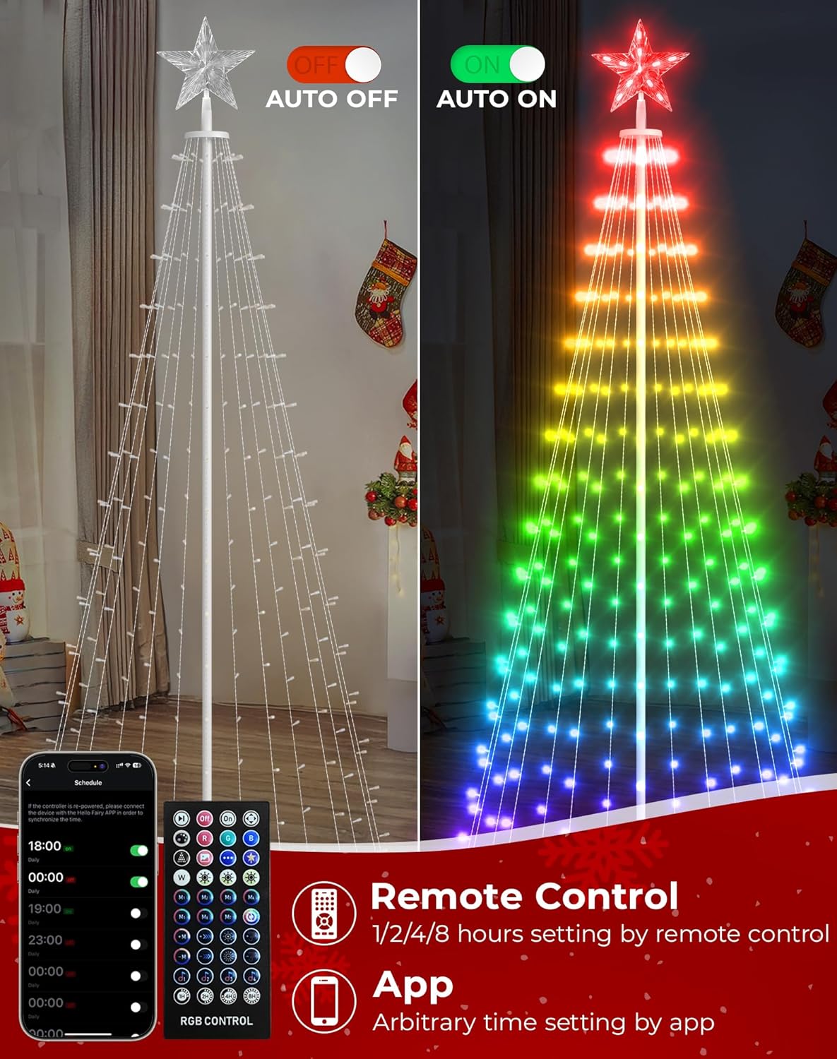 A smart LED Christmas cone tree shown with a remote control and a smartphone app interface, illustrating both control methods and timer settings.