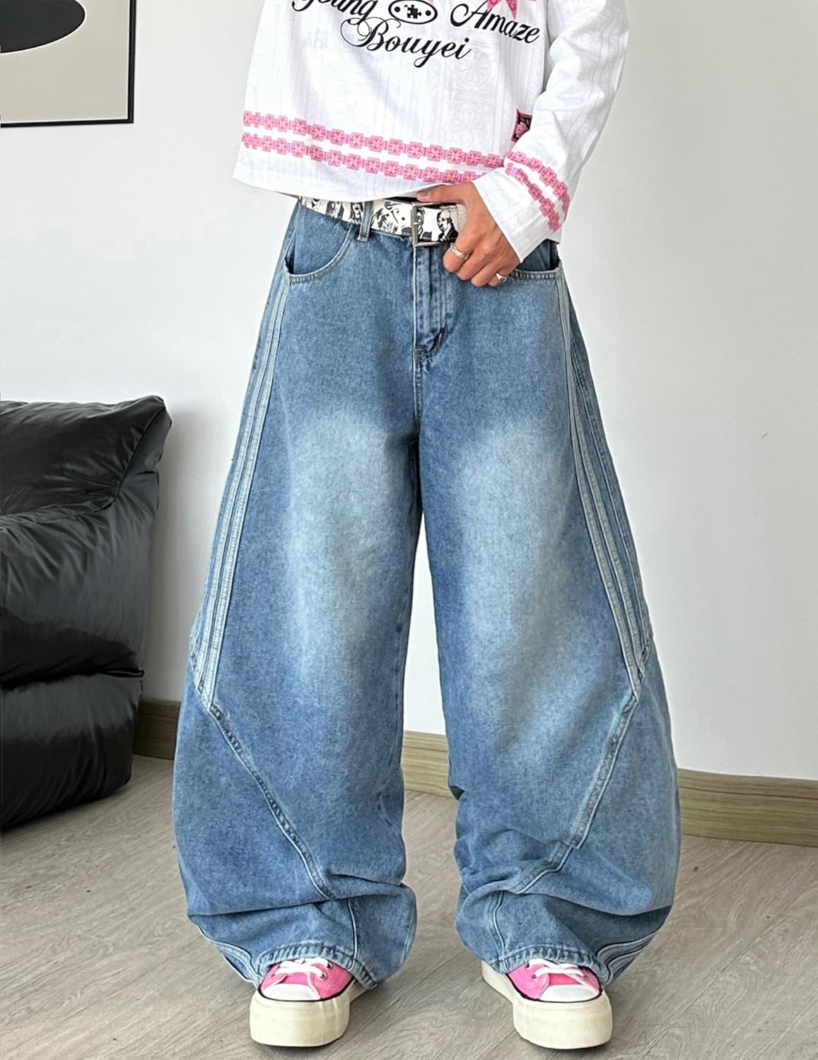 Men's Wide Leg Jeans Irregular Sutures Baggy Pants Loose Fit Skater Jeans Trousers with Pockets - Image 6