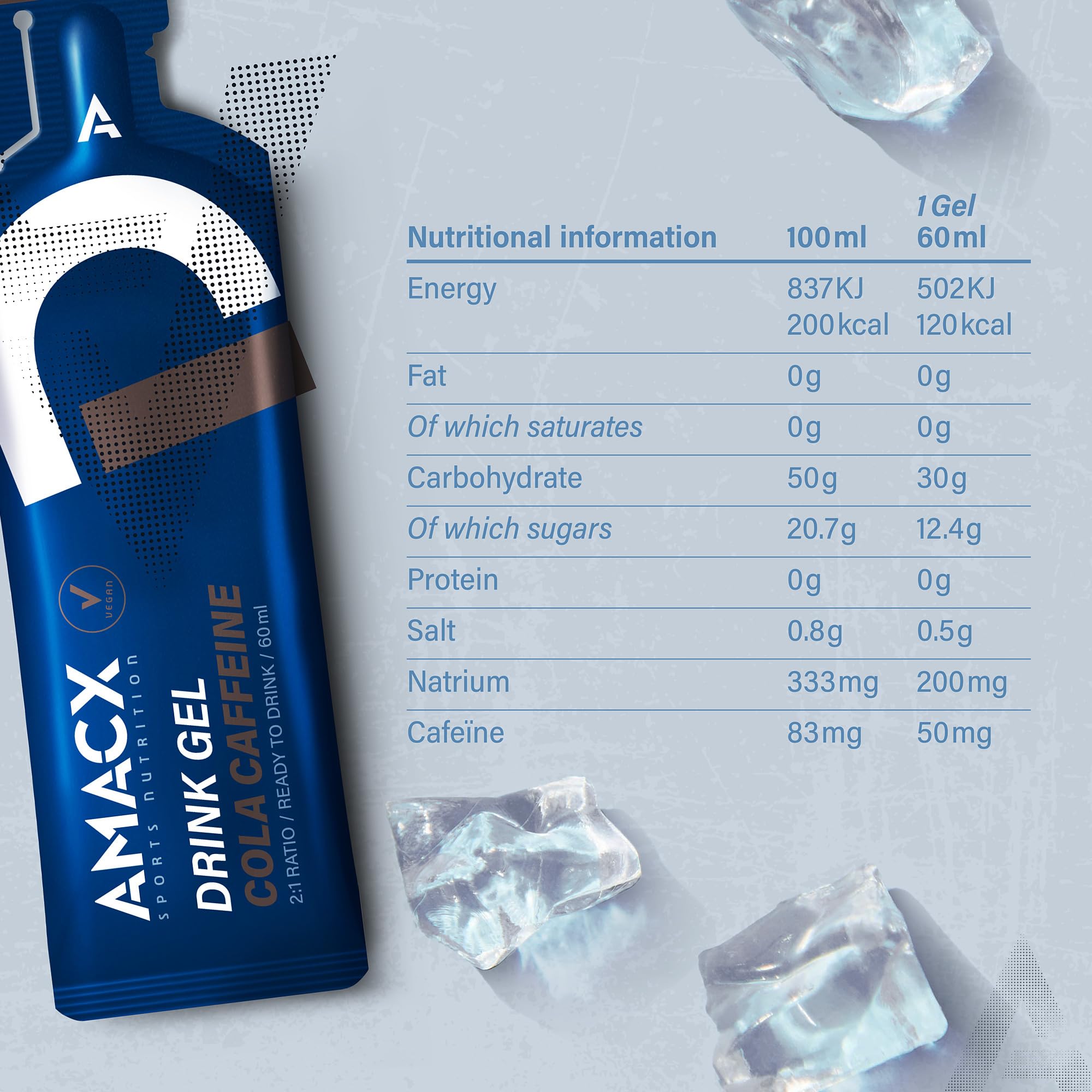 AMACX Energy Gel mit 30g Kohlenhydrate und Caffeine – 12er Pack – Elektrolyte für intensives Training – 200mg Natrium pro Energiegel – Sport Gel mit Maltodextrin – Cola/Koffein