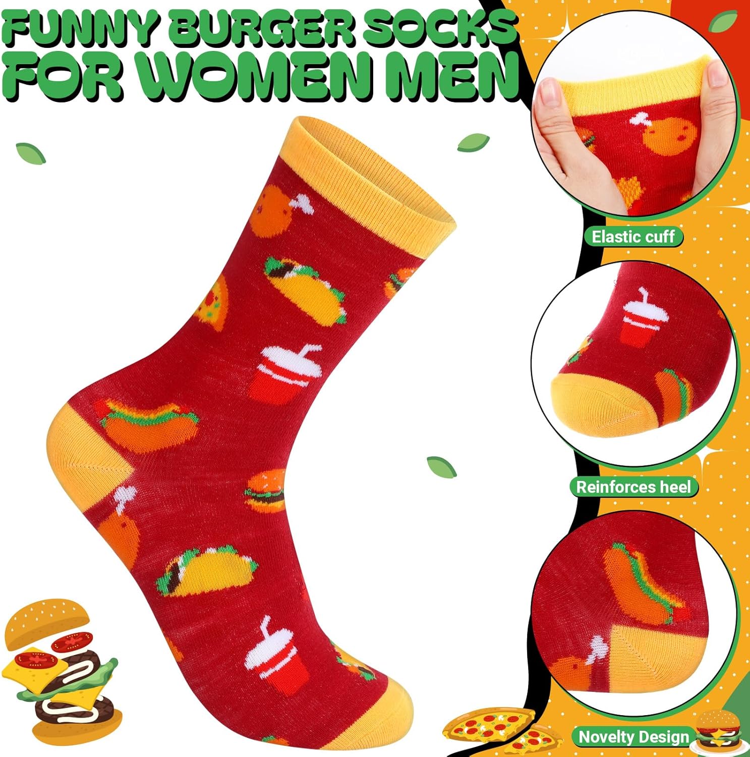 6 Pairs Food Socks for Men Hamburger Socks in a Burger Box for Novelty Christmas Stocking Stuffers Holiday Gifts - Image 4