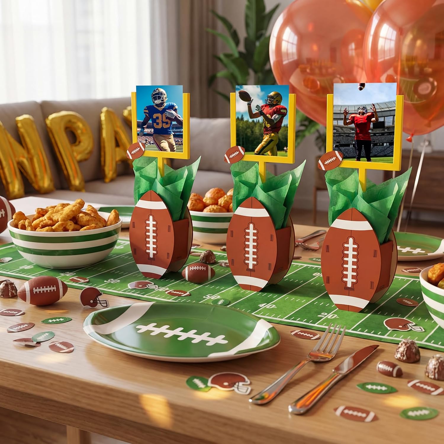 Novabright 29 Pcs Football Goal Decorations with Wooden Box Photo Frame Football Table Runner for Graduation Memory Table Centerpieces Sports Themed Birthday Party