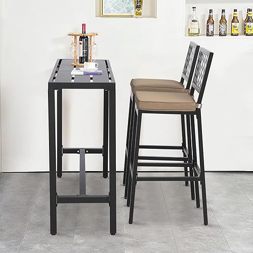 Miniatura 9 de ONLYCTR Sillas y mesa de bar para exteriores, juego de bar de metal para exteriores, juego de mesa de bar de 3 piezas con taburetes de bar y cojines