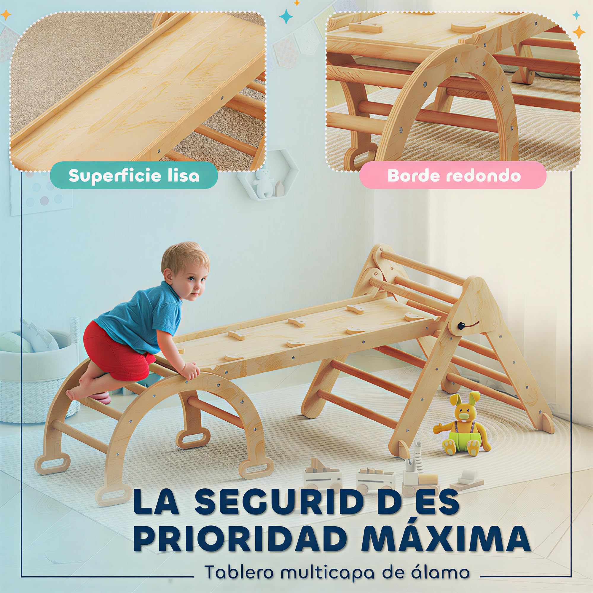 AIYAPLAY 7 en 1 Triángulo de Escalada Montessori con Arco y Rampa, Escalada para Niños de Madera Plegable, para 18-48 Meses, para Deslizarse o Escalar, 188x70 cm, Natural