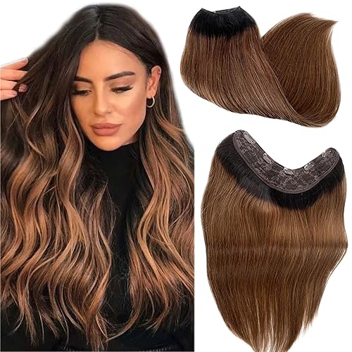 Benafee Extensiones de cabello humano degradado con clip, extensiones en forma de V, color negro natural real a marrón con raíces oscuras, sin