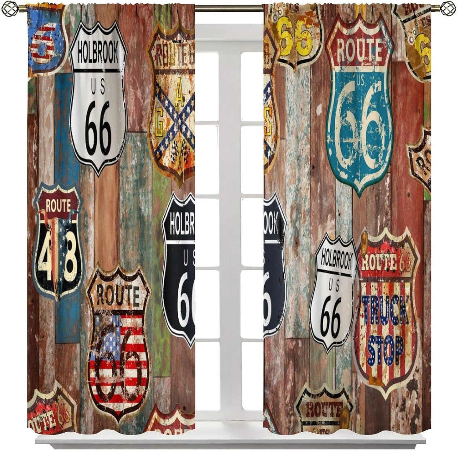Vintage Route Blackout Curtains for Boys Man Room,Vintage Rustic Planks Retro American Highway Poster Fabric Window Treatments Print for Teenage Bedroom Living Room 42x45in
