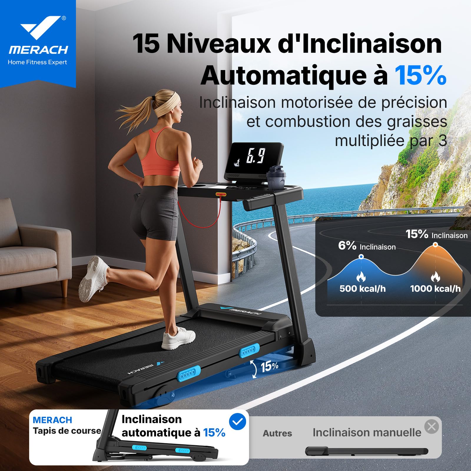 MERACH Tapis de Course Pliable Inclinable, 2.5HP Vitesse Réglable 0.8-12km/H, Tapis de Marche avec Écran LED